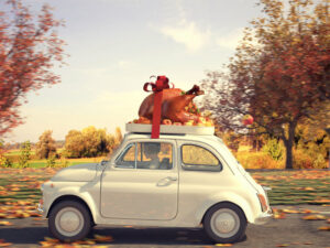 Woman driving to Thanksgiving gathering with turkey on top of car.